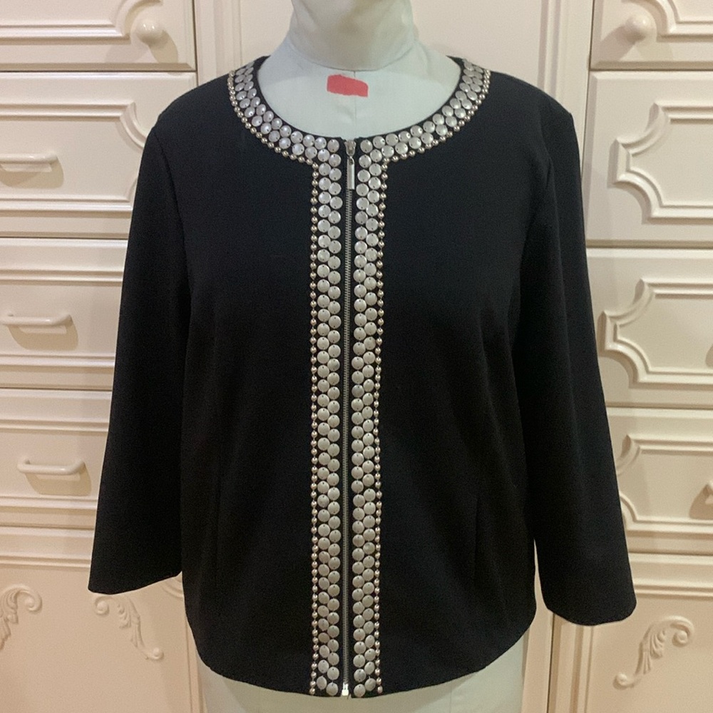 Ruby Rd black  silver studded zippered front cardigan Sz 16P